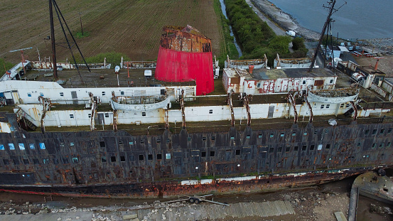 Drone point of view of abandoned ex British Railways steam ship ferry