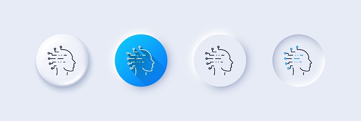 Artificial intelligence line icon. Neumorphic, Blue gradient, 3d pin buttons. Ai head sign. Robotic intellect symbol. Line icons. Neumorphic buttons with outline signs. Vector