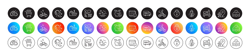 Sleep, E-bike and Sun protection line icons. Round icon gradient buttons. Pack of Love lock, Alarm, Calendar icon. Shopping rating, Cyclist, Fireworks pictogram. Sale bags, Wedding rings, Map. Vector