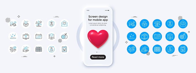 Phone mockup with 3d heart icon. Calendar, Augmented reality and Lawyer line icons. Pack of Loyalty program, Clean skin, Change money icon. Analysis graph, Love letter, Orange pictogram. Vector