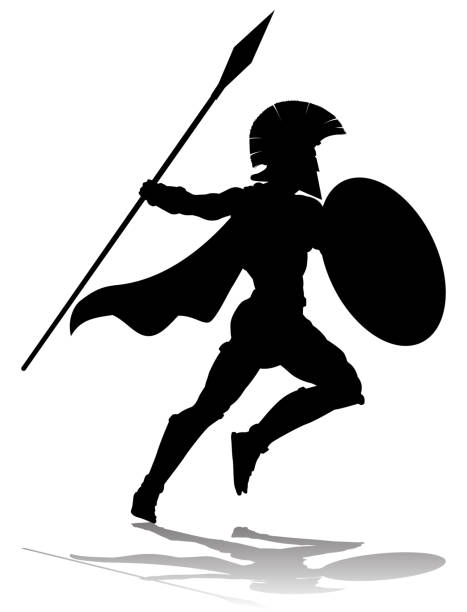 Spartan Silhouette Gladiator Trojan Greek Warrior A Spartan or Trojan ancient Greek hoplite warrior silhouette. Could also be a Roman gladiator. spear icon stock illustrations