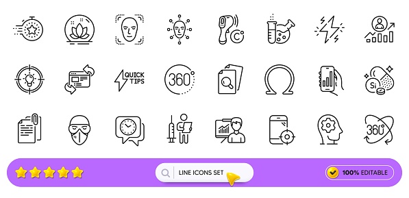 360 degrees, Full rotation and Timer line icons for web app. Pack of Inspect, Seo phone, Idea pictogram icons. Career ladder, Document attachment, Presentation signs. Chemistry lab. Search bar. Vector