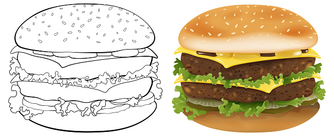 Illustration of a burger, from line art to color