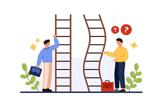 Career ladder challenge, difficulty and unequal opportunity for growth, comparison of employment conditions. Tiny people with straight and curved stairs to success cartoon vector illustration