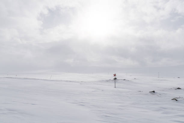 A lone ski trail marker in Sweden with the sun shining behind