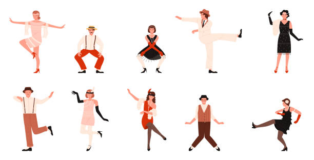 People dance on Charleston party set, dancer characters dancing to music in 1920s style People dance on Charleston party set. Male and female dancer characters dancing to music in 1920s style, Broadway show collection, young woman and man move in funny poses cartoon vector illustration dance moves cartoons stock illustrations