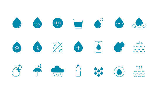 Water icon set. Drop Water, Mineral Water, Low and High Tide, Shower, Plastic Bottle and Glass. Vector illustration