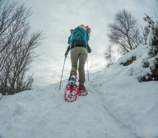 Rear view of female adventurer in red snow shoes, snowshoeing up a steep snowy hill, showing clear determination. She's focused on moving through the untouched snow, with trees and a cloudy sky in the distance. Dressed in winter gear, carrying a backpack, and using trekking poles, she's equipped for a tough journey.