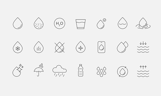 Water line icon set. Drop Water, Mineral Water, Low and High Tide, Shower, Plastic Bottle and Glass. Vector illustration