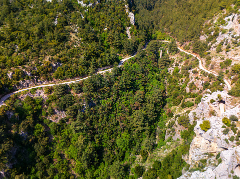 Aerial view of curvy mountain road in spring.