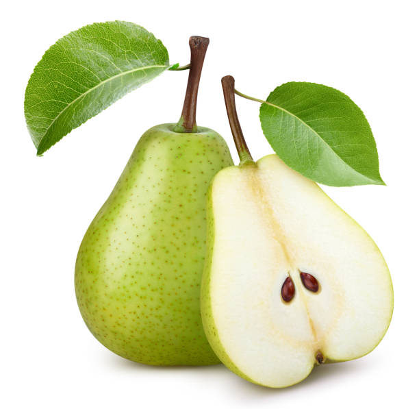istock Ripe whole pear fruit with green leaf and half isolated 2149786268
