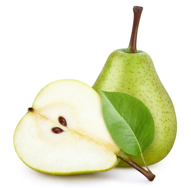 istock Ripe whole pear fruit with green leaf and half isolated 2149786317
