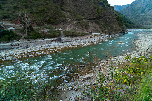River Yamuna winding through the picturesque valleys of Tehri Garhwal, Uttarakhand, India.