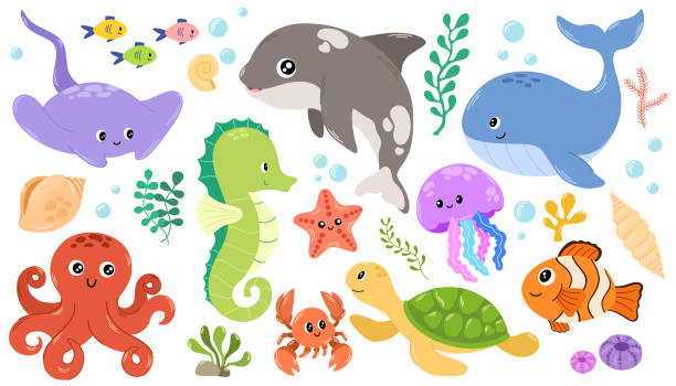 1809_fish_set Sea life elements set. Hand draw vector doodle cartoon set of marine life objects for your design. cartoon of the clothes line stock illustrations