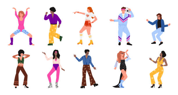 People dance on disco party set. Male and female characters dancing to music in 1970s and 1980s style, collection of happy dancers in retro clothes and with tape recorder cartoon vector illustration