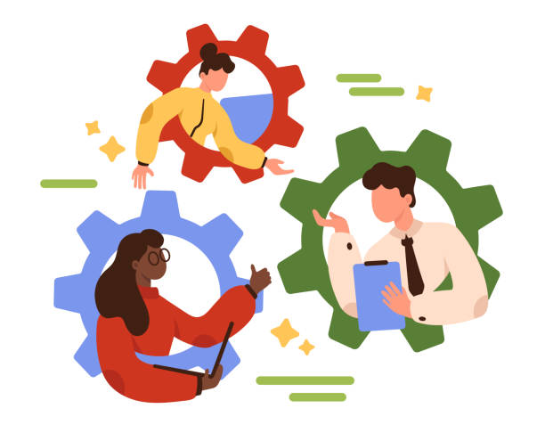 Strong dedicated team, effective cooperation and teamwork of employees inside gears Strong dedicated team, effective cooperation and teamwork of employees. Tiny people work inside gears together, collaboration of characters building success enterprise cartoon vector illustration dedication stock illustrations