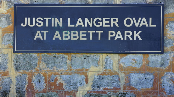 Sign, name board, Abbett Park, co-named after Justin Langer to honor his contributions to cricket