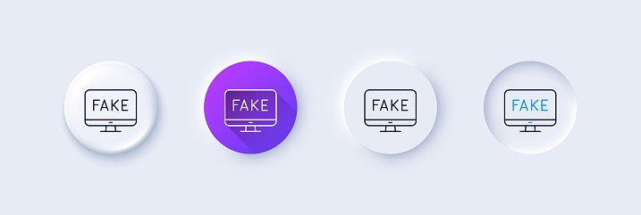 Fake news line icon. Neumorphic, Purple gradient, 3d pin buttons. Propaganda conspiracy tv sign. Wrong truth symbol. Line icons. Neumorphic buttons with outline signs. Vector