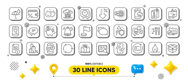 Empower, Manual and 24h service line icons pack. 3d design elements. Food delivery, Journey path, Bitcoin coin web icon. Waterproof umbrella, Cyber attack, Recycling pictogram. Vector