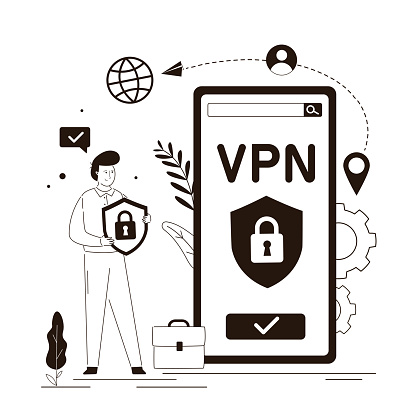 Man using VPN to protect personal data in phone. App for secure internet connection, data encryption. Security protocol and privacy protection. Virtual private network connection. Line art vector