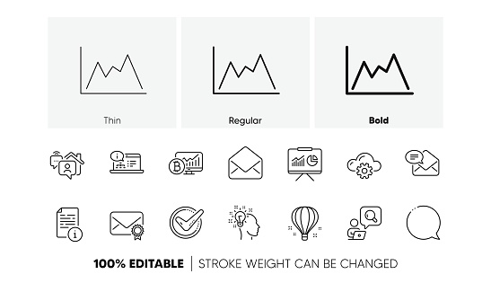 Idea, Mail and New mail line icons. Pack of Air balloon, Cloud computing, Confirmed icon. Manual, Presentation, Work home pictogram. Inspect, Online documentation, Diagram. Speech bubble. Vector