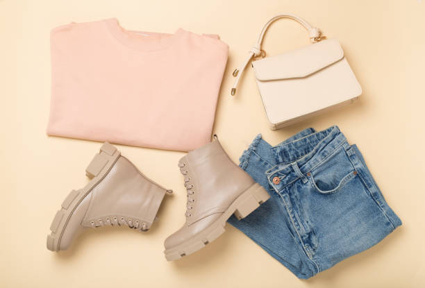 istock Flat lay with trendy spring outfit on color background, top view 2149789650