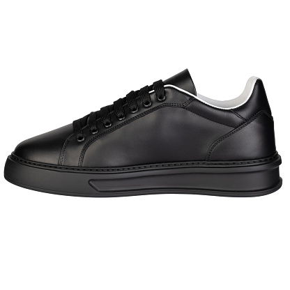 A side view of a classic black leather sneaker with laces, presented against a white background.
