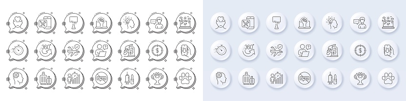 Table lamp, Medical vaccination and Empower line icons. White pin 3d buttons, chat bubbles icons. Pack of Winner cup, Diesel station, Airplane travel icon. Vector