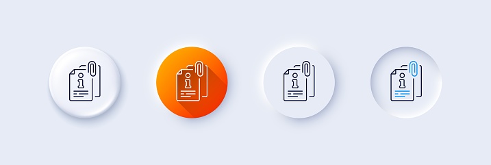 Attached info line icon. Neumorphic, Orange gradient, 3d pin buttons. Information guide sign. Attachment file symbol. Line icons. Neumorphic buttons with outline signs. Vector