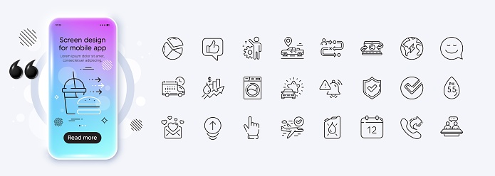 Confirmed, Food delivery and Smile line icons for web app. Phone mockup gradient screen. Pack of Car place, Ph neutral, Verify pictogram icons. Car review, Employee, Cursor signs. Vector