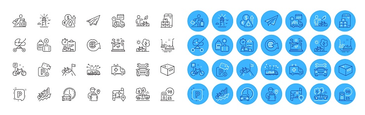 Baby carriage, Ambulance car and Paper plane line icons pack. Bicycle, Pickup, Fuel price web icon. Lighthouse, Delivery report, Eco bike pictogram. Parking security, Bike, Truck delivery. Vector