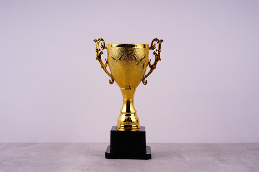 A gold trophy on white coloured background.