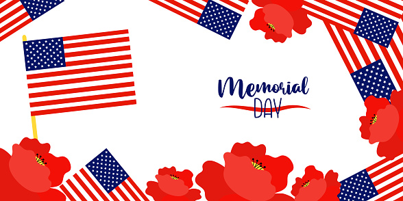 Memorial Day poster. American flags with poppies flowers on white background. Vector illustration horizontal banner for design national traditional holidays USA