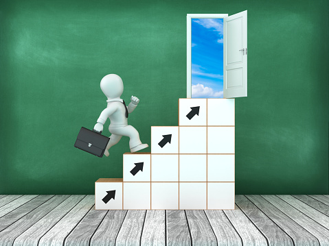 3D Opened Door with Moving up Arrow Blocks and Cartoon Business Person - Chalkboard Background - 3D Rendering