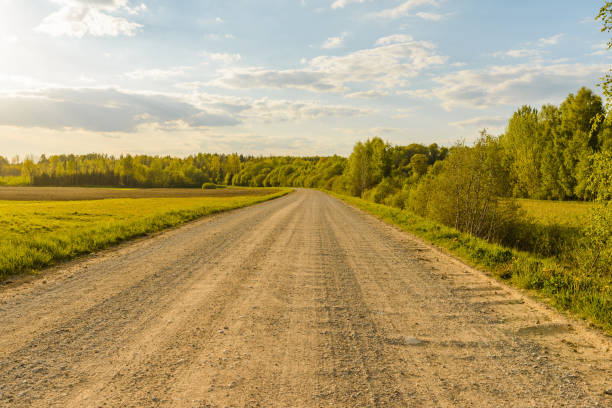 istock Empty Sandy country road near the forest,fluffy clouds blue sky,summer evening landscape. 2149791879