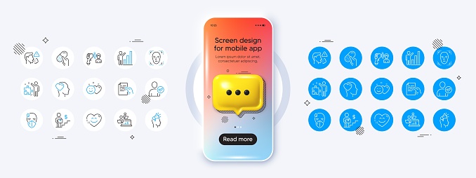 Phone mockup with 3d chat icon. Smile chat, Hold document and Teamwork line icons. Pack of Cough, Sick man, Identity confirmed icon. Electronic thermometer, Smile, Face detection pictogram. Vector