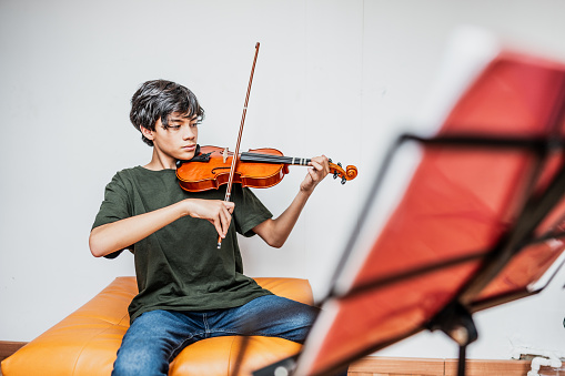Portrait of a boy playing violin at home