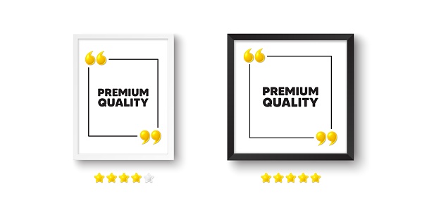 Photo frame with 3d quotation icon. Premium quality tag. High product sign. Top offer symbol. Premium quality chat message. Picture frame wall. 3d comma quotes. Vector