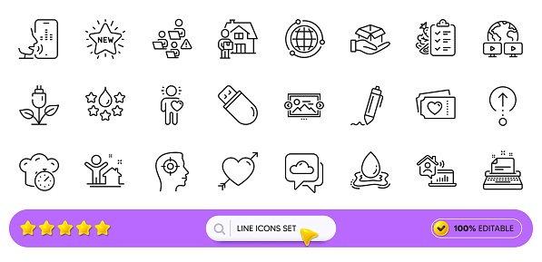 Usb stick, Love and Work home line icons for web app. Pack of Friend, Cooking timer, Delivery man pictogram icons. Eco power, Recruitment, Globe signs. Voicemail, Quality, Typewriter. Vector