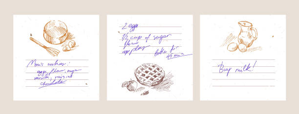Recipe sheets baking square Sticker pages for making notes about meal preparation and cooking ingredients. Recipe sheets decorated with food drawings cookbook stock illustrations
