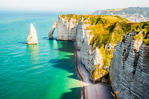 Beautiful limestone slopes in the Etretat area in Normandy by the ocean in France.
