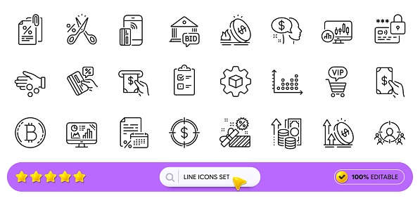 Credit card, Bid offer and Business targeting line icons for web app. Pack of Gas price, Tax documents, Product development pictogram icons. Donation money, Inflation, Checklist signs. Vector