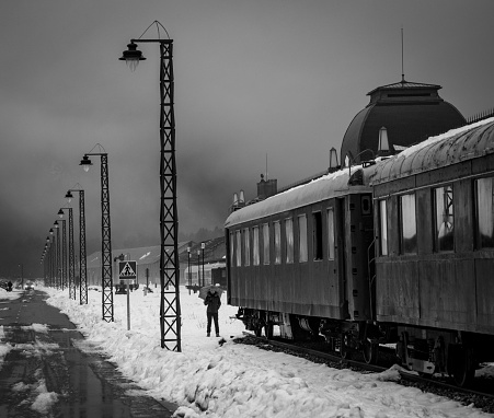 Train at Candanchu station siding in snow