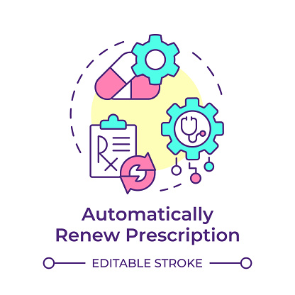 Automatically renew prescription multi color concept icon. Pharmacy software, medical card. Round shape line illustration. Abstract idea. Graphic design. Easy to use in infographic, article