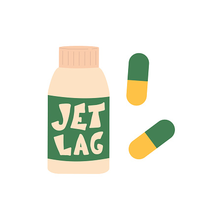 Jet lag pills isolated on white background. Travel treatment. Vector flat illustration.
