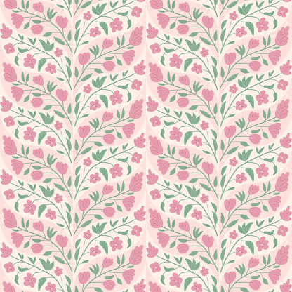 Pink wildflowers seamless pattern. Flower endless background. Summer meadow repeat cover. Botanic loop ornament. Vector rustic flat hand drawn illustration.