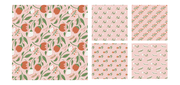 Floral collection seamless pattern. Pink red and white wildflowers endless background set. Summer meadow repeat covers. Botanic loop ornament. Vector flat hand drawn illustration.