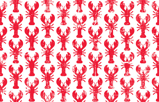 Seamless pattern with red lobsters isolated on a white background. Lobster grunge decoupage distressed background.