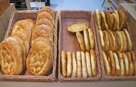 Baskets of Armenian traditional breads for sale in a local bakery shop