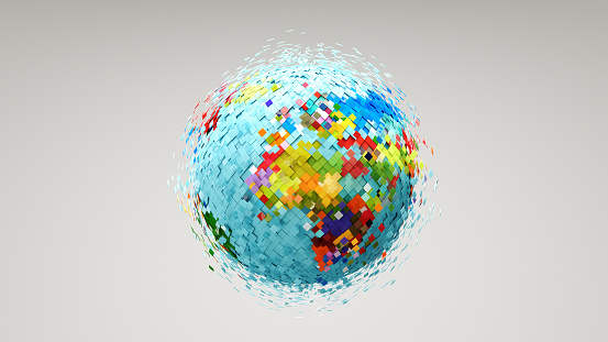 Multi colored rhombuses covering the Earth and expanding, view of Europe and Africa, 3d render.